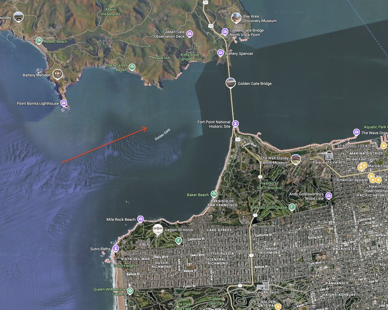 Aerial map view with directional arrow marking specific location